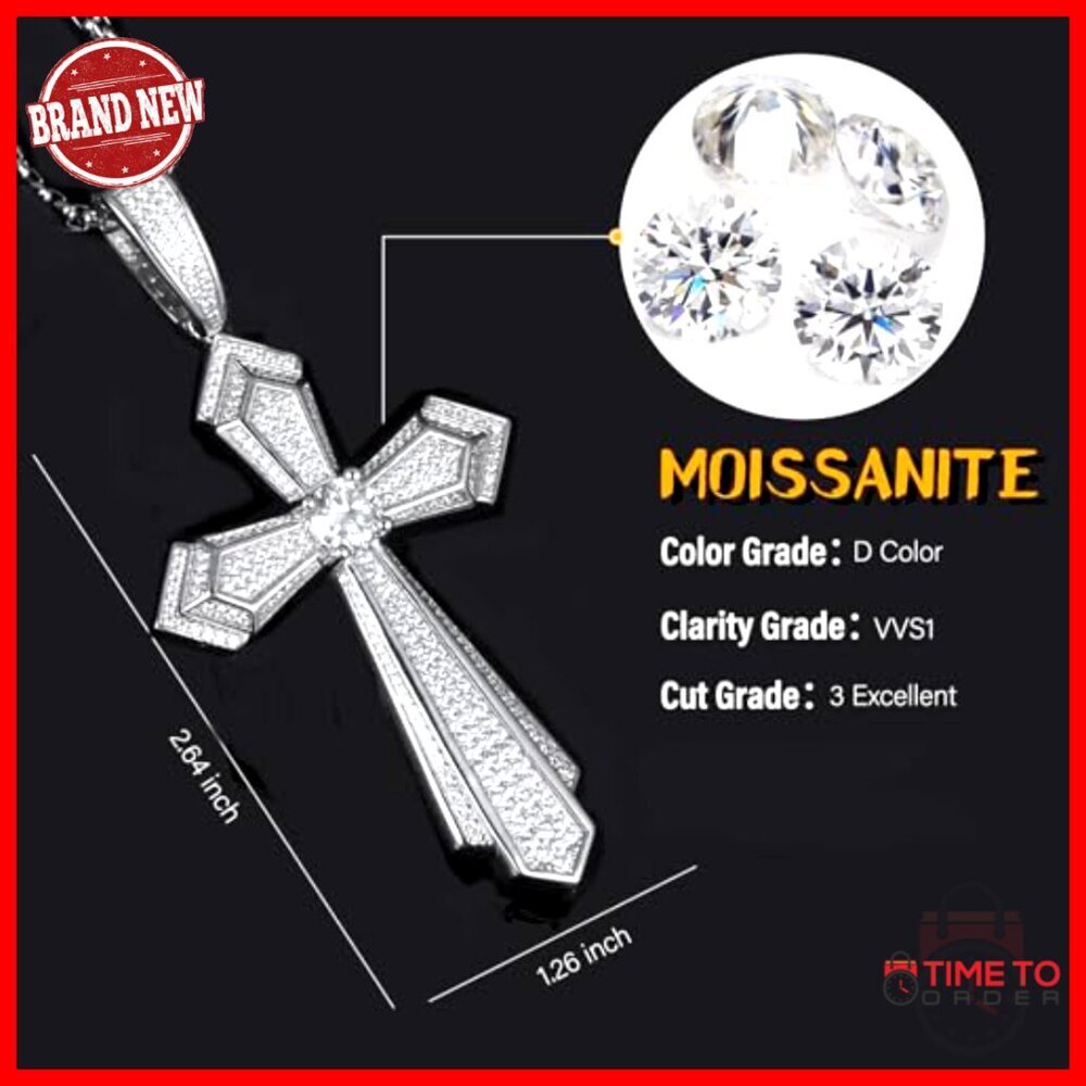 Men's Moissanite Cross Pendant Necklace S925 Silver 2.9CT Diamond Hiphop Jewelry - Picture 3 of 7